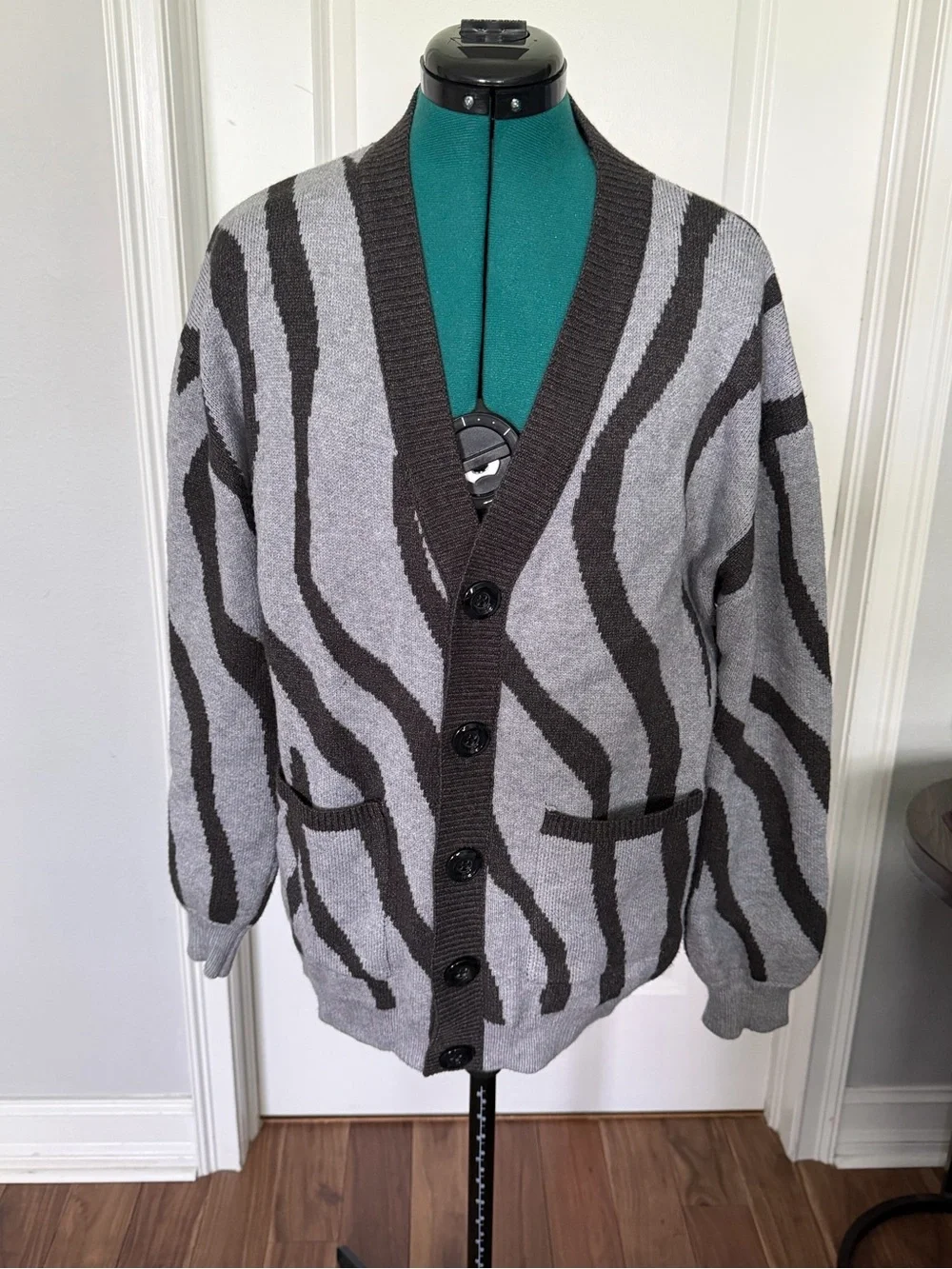 Gray & Dark Brown Zebra-Stripe Cardigan Sweater - Picture 1 of 6